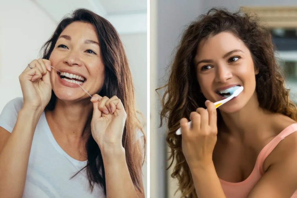 Oral hygiene: flossing and brushing in a bright lifestyle setting